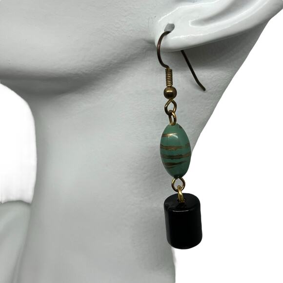 Boho Turquoise & Black Drop Earring - Gold-Tone Striped Jade Bead Dangle - Picture 2 of 7